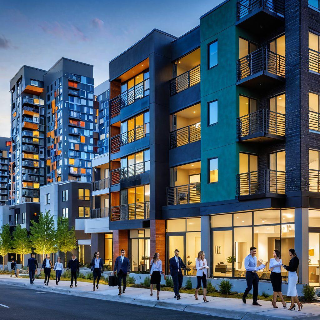 A modern apartment complex in the vibrant 801 area with a bustling cityscape in the background, highlighting happy young professionals signing a rental agreement with a smiling realtor. Include a 'Best Rental Properties' banner in a prominent corner. super-realistic. vibrant colors. urban setting.