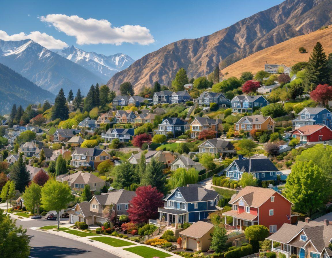 An inviting and picturesque suburban neighborhood set against a backdrop of mountains, showcasing charming and diverse rental homes with lush gardens. Happy families and young professionals exploring the area, holding maps and pointing at homes. Detailed 'For Rent' signs and a scenic park add vibrance. super-realistic. vibrant colors. panoramic view.