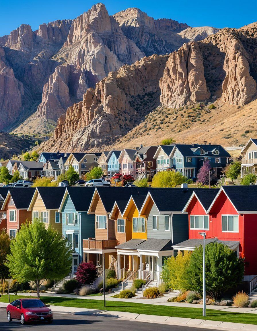 A picturesque scene showcasing a variety of homes in a Utah neighborhood, from modern condos to charming houses, with the backdrop of majestic mountains. Include a vibrant 'For Rent' sign in front of one of the properties. Show diverse families happily exploring the homes and admiring the landscape. super-realistic. vibrant colors. sunny day.